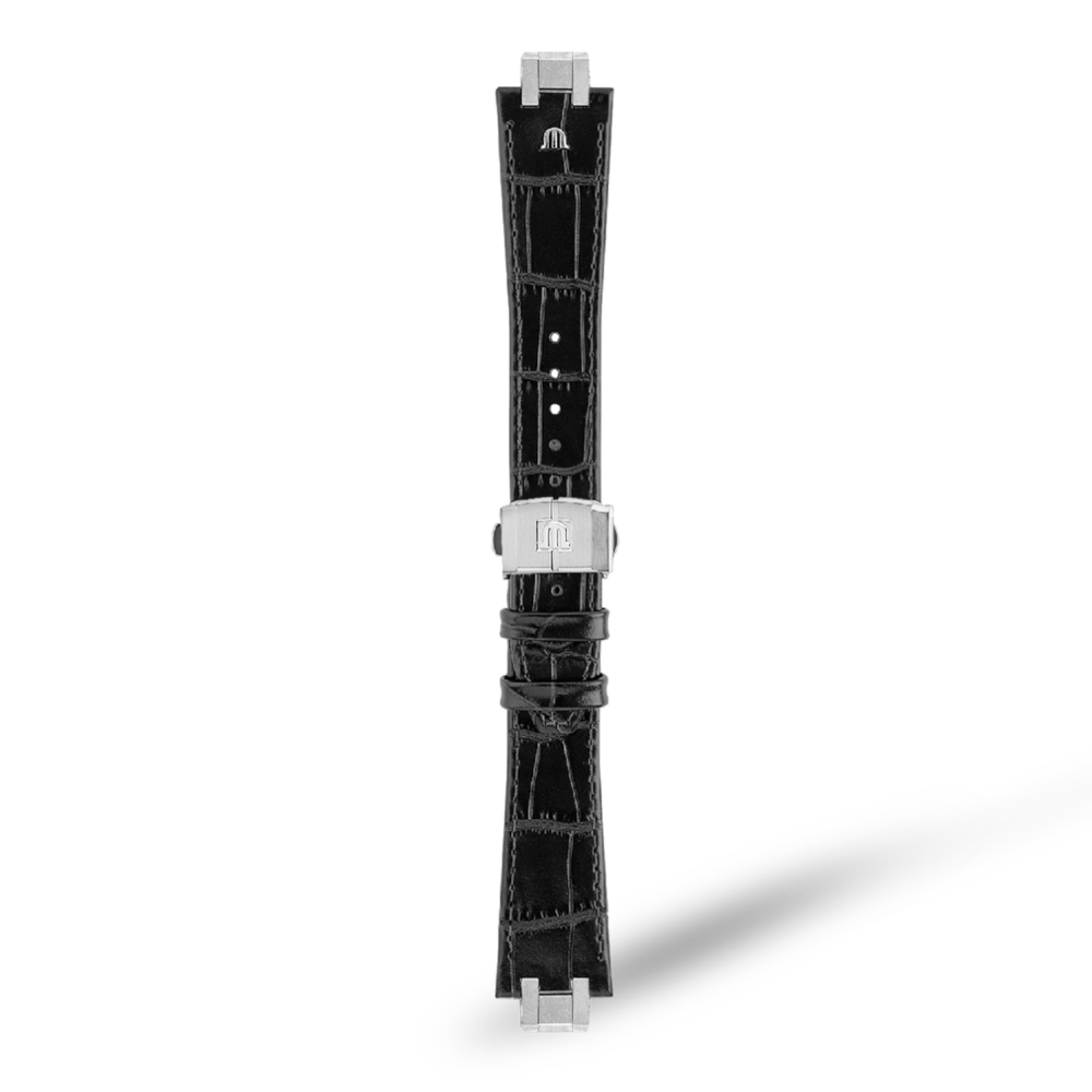 Maurice Lacroix Black Calf Leather <br>  Croco stamped pattern with folding clasp
